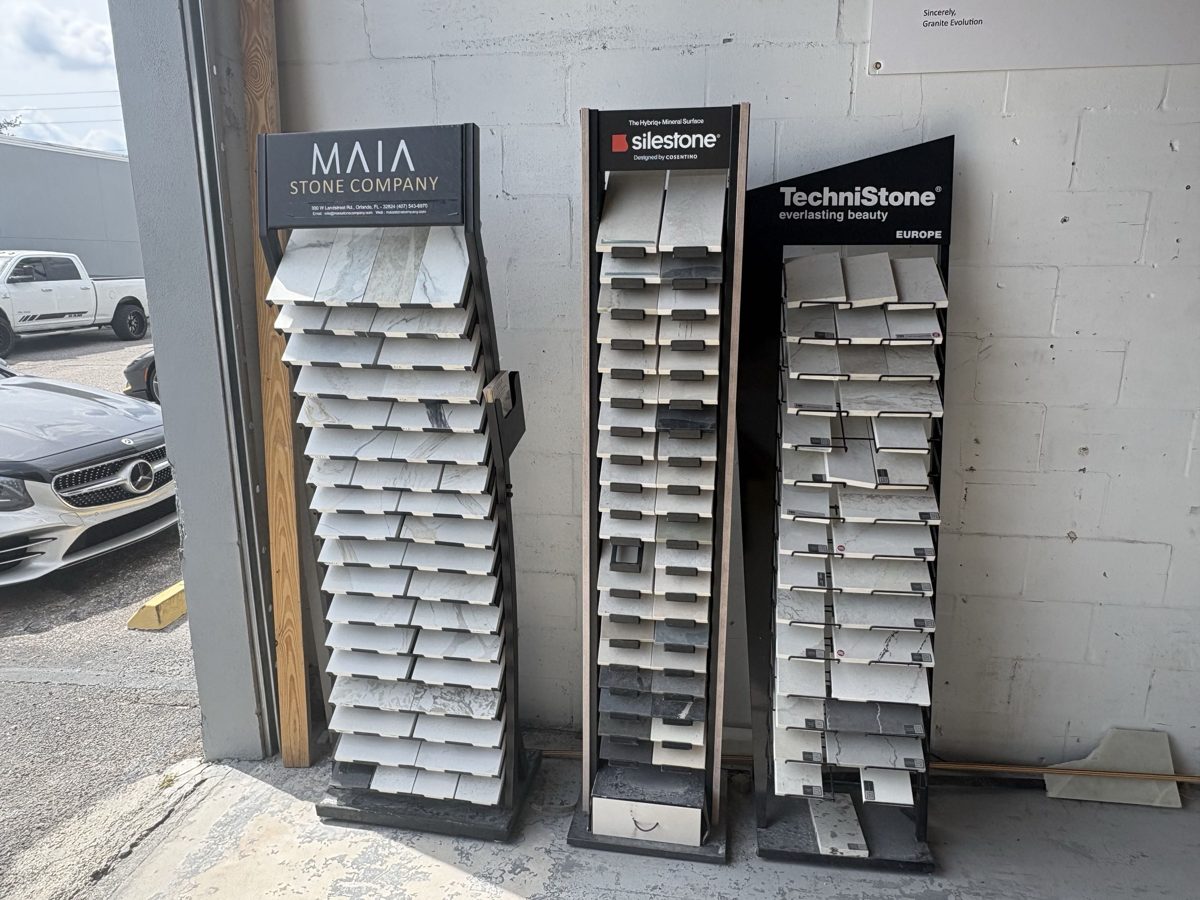 Stone sample displays — Maia, Silestone, and TechniStone